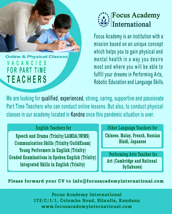 Part Time Teachers job from Focus Academy International in Kandana, Sri Lanka