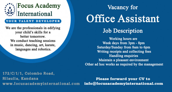 Office Assistant job from Focus Academy International in Kandana, Sri Lanka