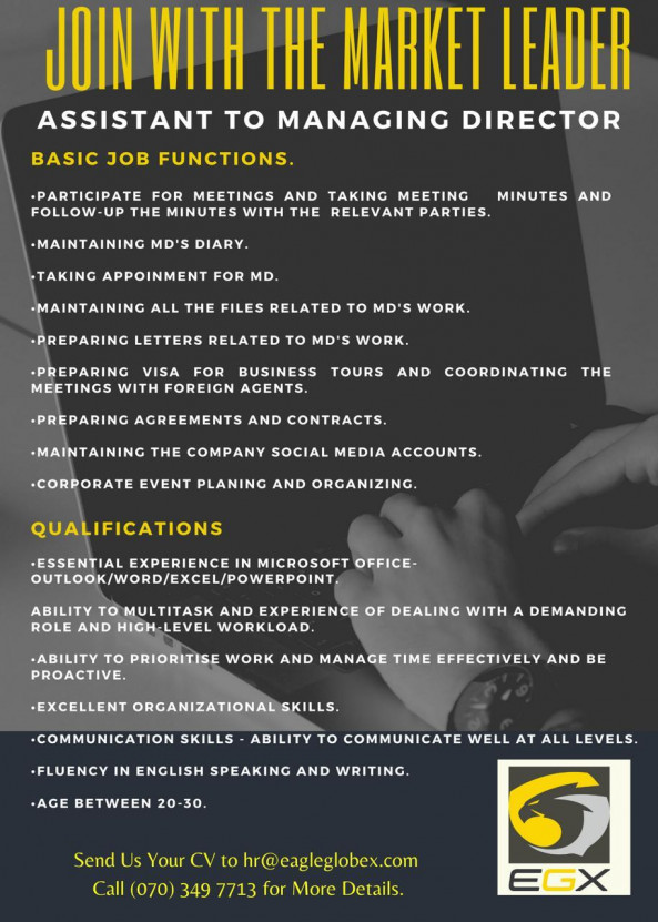 Assistant to Managing Director job from Eagle Logistics Colombo (Pvt) Ltd in Colombo 03, Sri Lanka