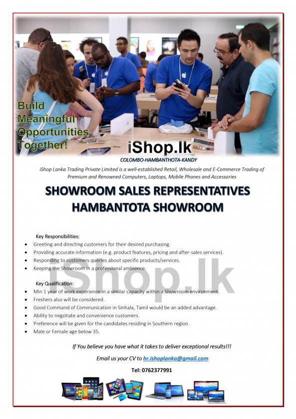 Showroom Sales Executive/Representative job from iShop Lanka Trading Private Ltd in Hambantota, Sri Lanka