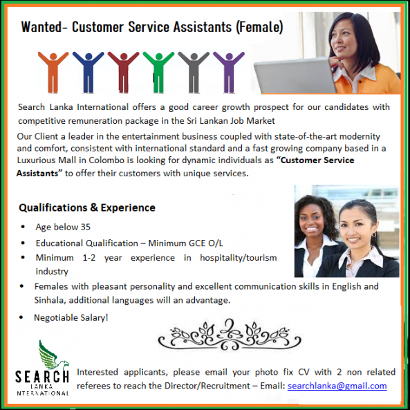 Wanted- Customer Service Assistants (Female) job from Search Lanka International (pvt) Ltd in Colombo 2, Sri Lanka