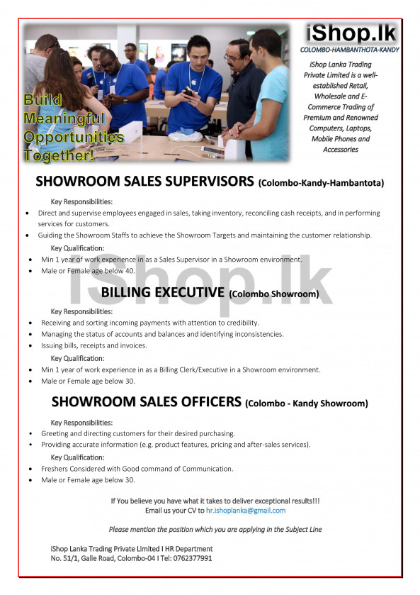 Showroom Sales Supervisor job from iShop Lanka Trading Private Ltd in Colombo-Kandy-Hambantota, Sri Lanka