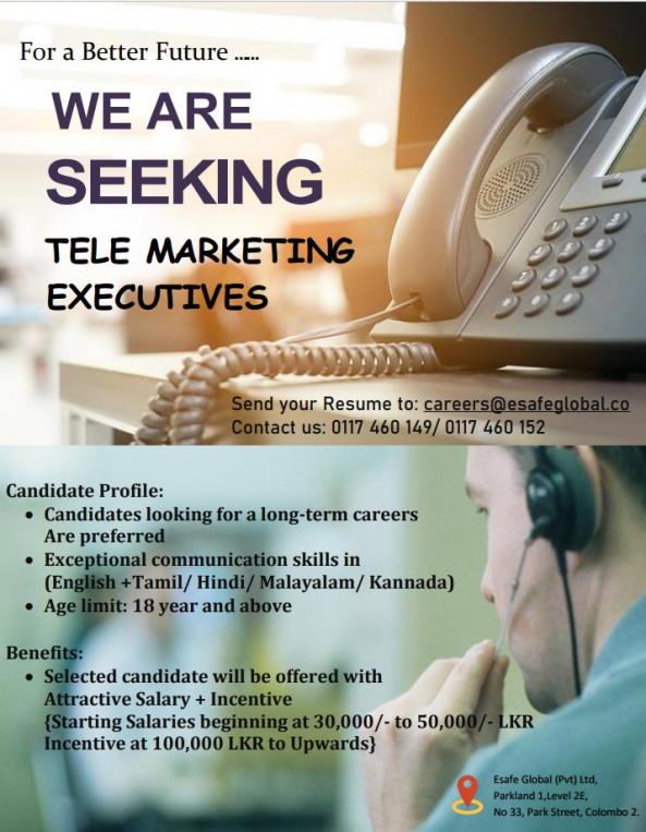 Tele Marketing Executive job from Esafe Global (pvt) LTD in Colombo 2, Sri Lanka