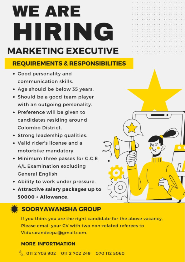 Marketing Executive job from Sooryawansha Group in Homagama, Sri Lanka