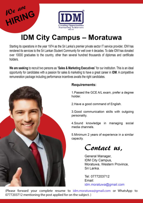 Sales & Marketing Executive- IDM City Campus, Moratuwa job from Circle Group of Company in Moratuwa, Sri Lanka