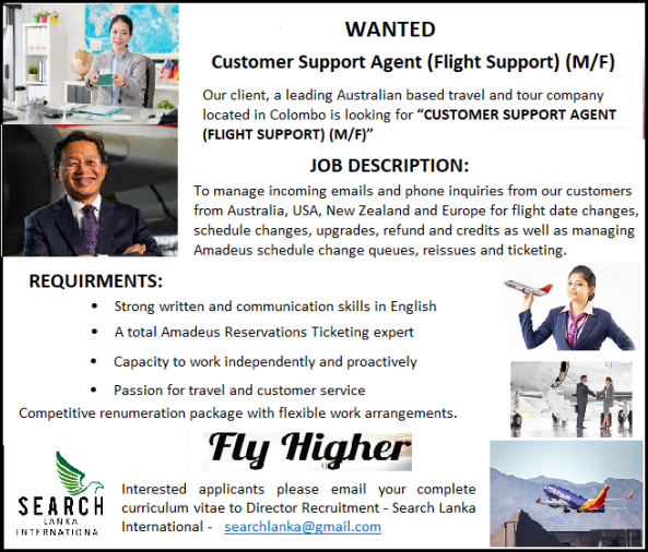WANTED Customer Support Agent (Flight Support) (M/F) job from Search Lanka International (pvt) Ltd in Colombo 2, Sri Lanka