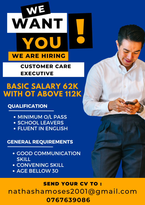 CUSTOMER CARE EXECUTIVE job from leading group in colombo 03, Sri Lanka