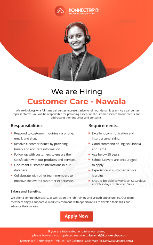 Customer Care - Rajagriya job from Konnect BPO Technologies in Colombo, Sri Lanka