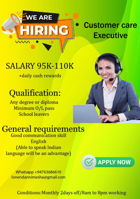 customer care executive job from Leading group company in colombo 3, Sri Lanka