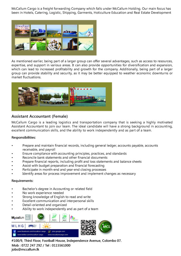 Assistant Accountant job from McCallum Cargo Pvt Ltd in Colombo, Sri Lanka Assistant Accountant job from McCallum Cargo Pvt Ltd in Colombo, Sri Lanka