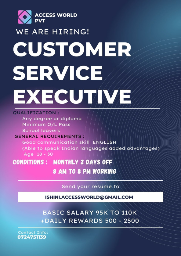 Customer Care Executive job from Access world Pvt Ltd in colombo 3, Sri Lanka