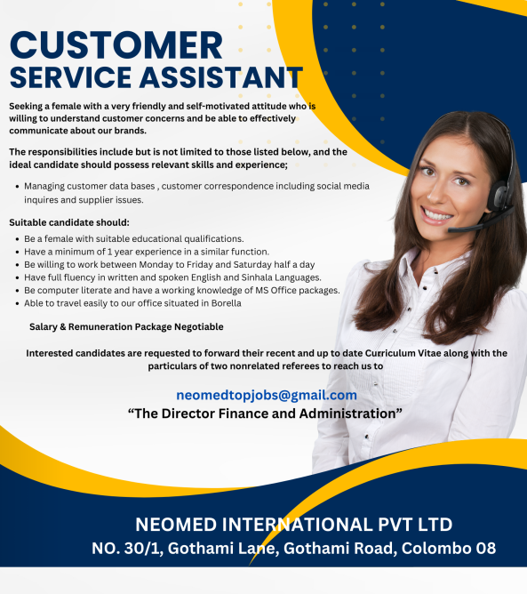 CUSTOMER SERVICE ASSISTANT job from NEOMED International in Colombo, Sri Lanka