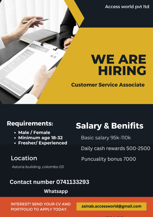 CUSTOMER SERVICE ASSOSIATE job from Access World pvt ltd in COLOMBO, Sri Lanka