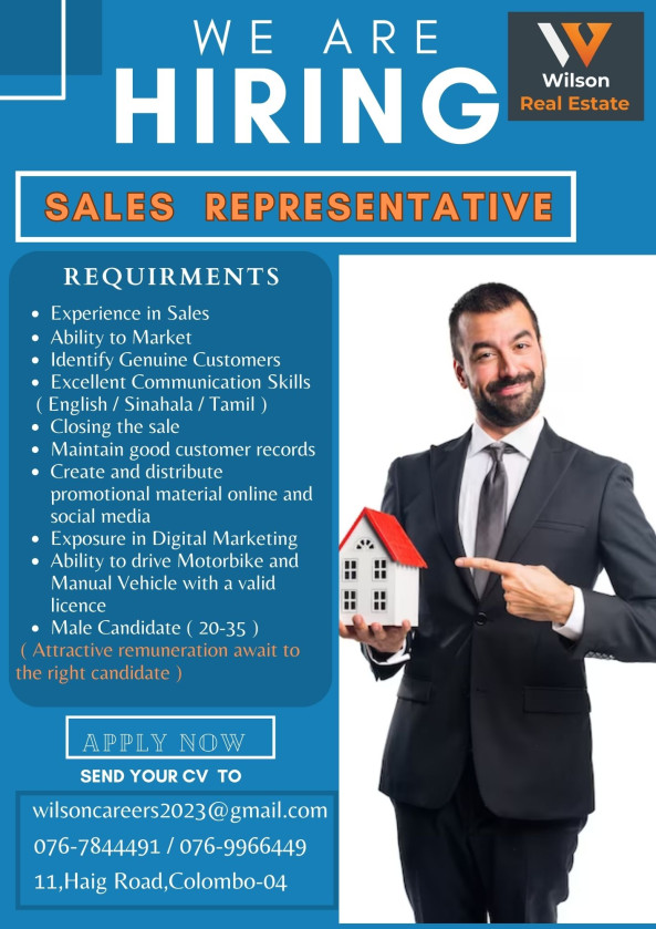 Sale Representative Trainee / Sales Negotiator Trainee job from Wilson Real Estate in Colombo 04, Sri Lanka