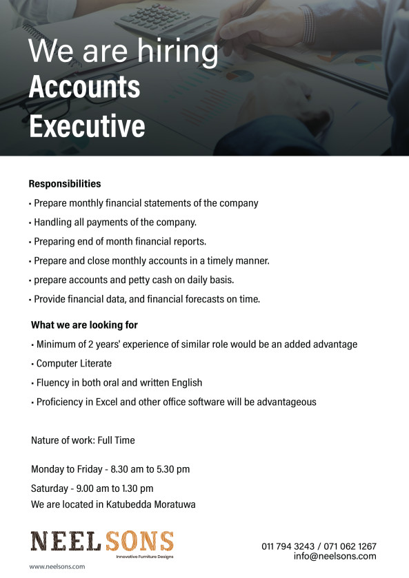 Junior Accounts Executive - Female job from Neelsons Pvt Ltd in Moratuwa, Sri Lanka Junior Accounts Executive - Female job from Neelsons Pvt Ltd in Moratuwa, Sri Lanka