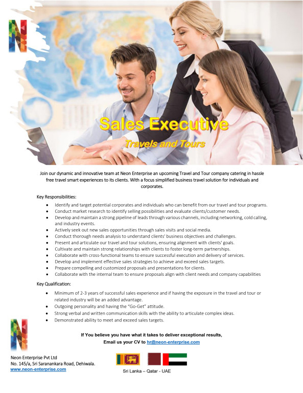 Sales Executive (Travels & Tours) job from Neon Enterprise Private Limited in Colombo, Sri Lanka