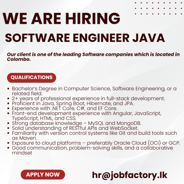 Software Engineer -Java job from JFS Holdings Limited in Colombo 02 ...