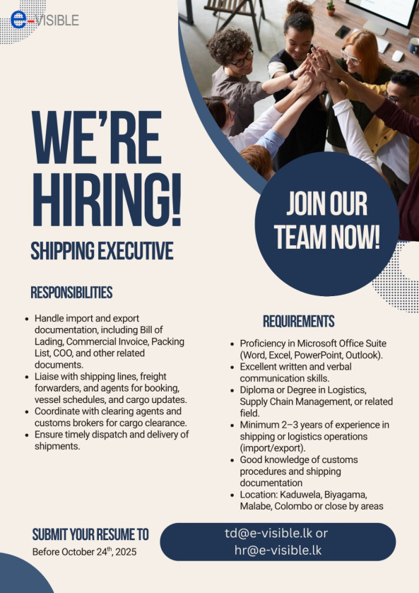 Shipping Assistant job from E-VISIBLE in Colombo 03, Sri Lanka
