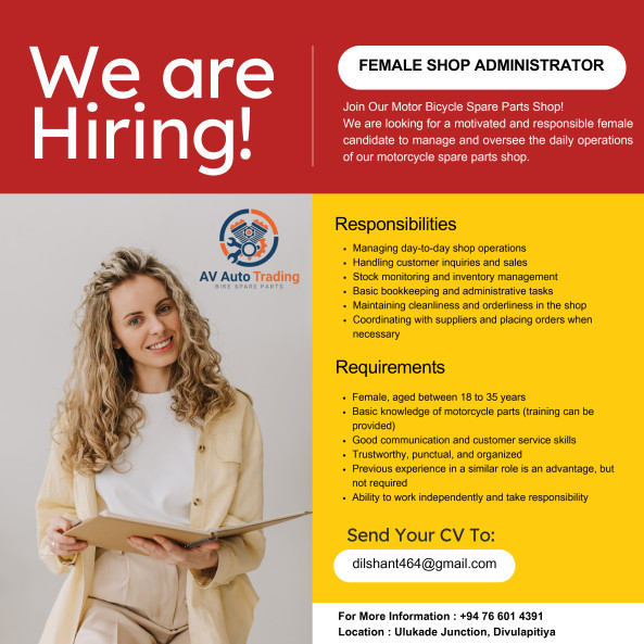 Female Shop Administrator job from MAS VISA in Divulapitiya, Sri Lanka
