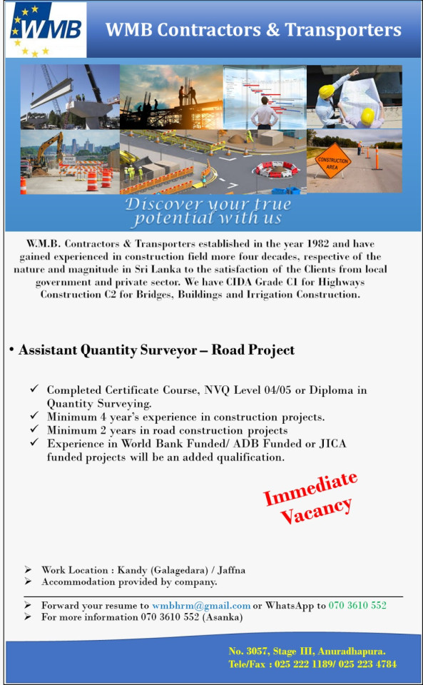 Assistant Quantity Surveyor – Road Project (Galagedara) job from WMB Contractors & Transporters in Anuradhapura, Sri Lanka