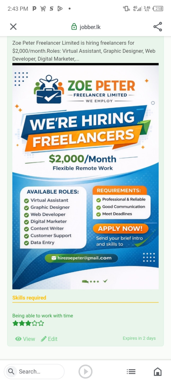 Remote jobs job from Zoe peter freelancer limited in NORTH CAROLINA, Sri Lanka