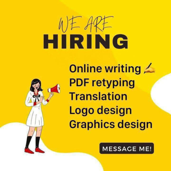 WHF Job Vacancy!!! Age: 20-60years Position: Typing Job and logo Designing/Translation job  Salary :$2,500p Duration:2-3 days If interested kindly send 