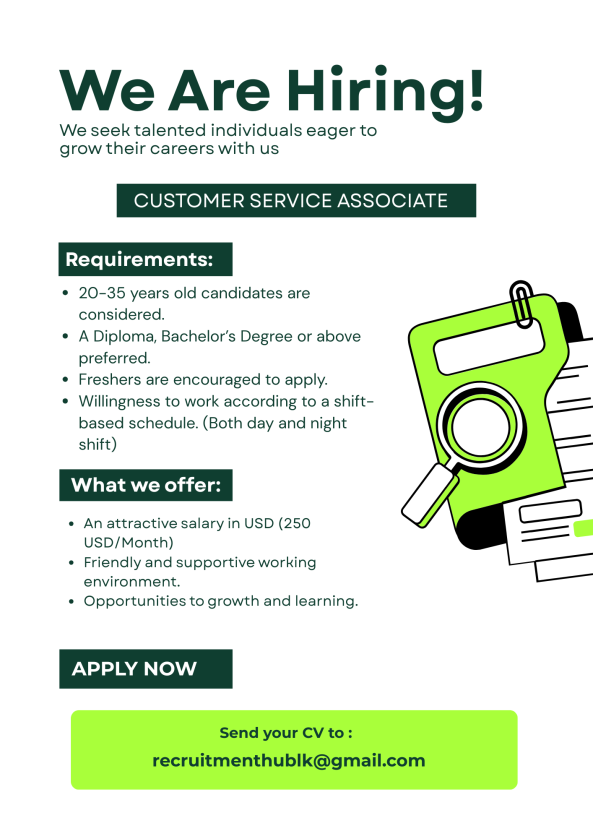 Associate - Customer Service job from Recruitment Hub in Colombo, Sri Lanka