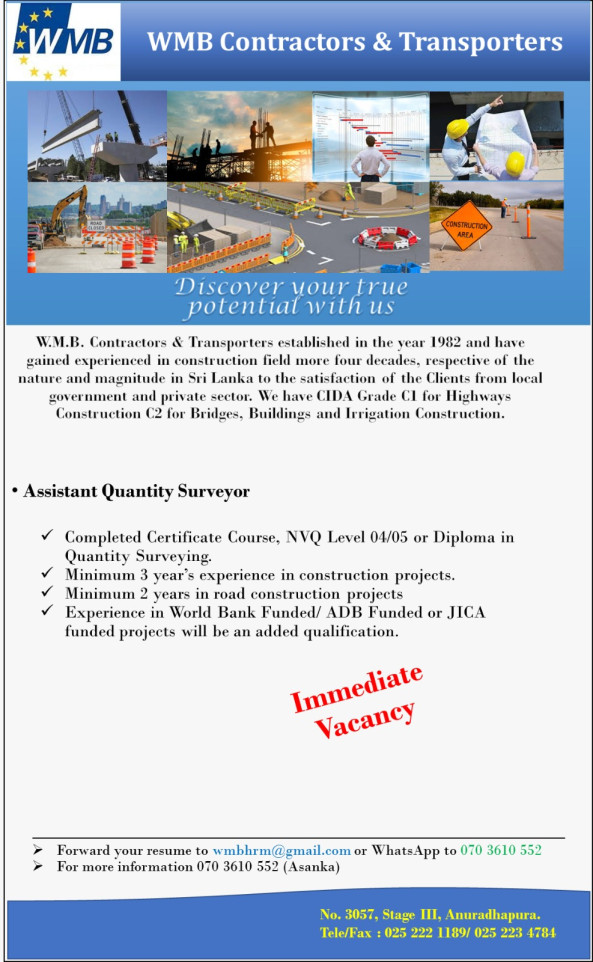 Assistant Quantity Surveyor job from WMB Contractors & Transporters in Anuradhapura, Sri Lanka
