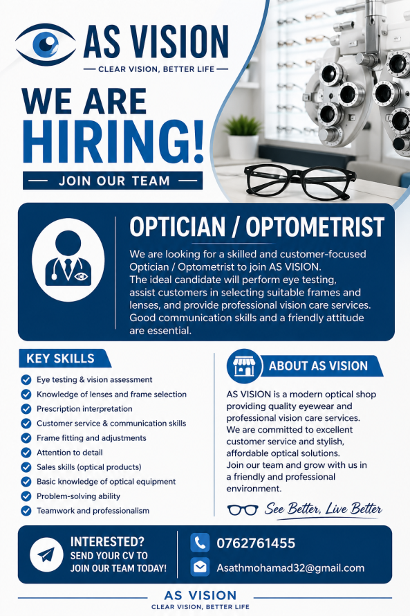 Optician / Optometrist job from AS VISION in Puttalam, Sri Lanka