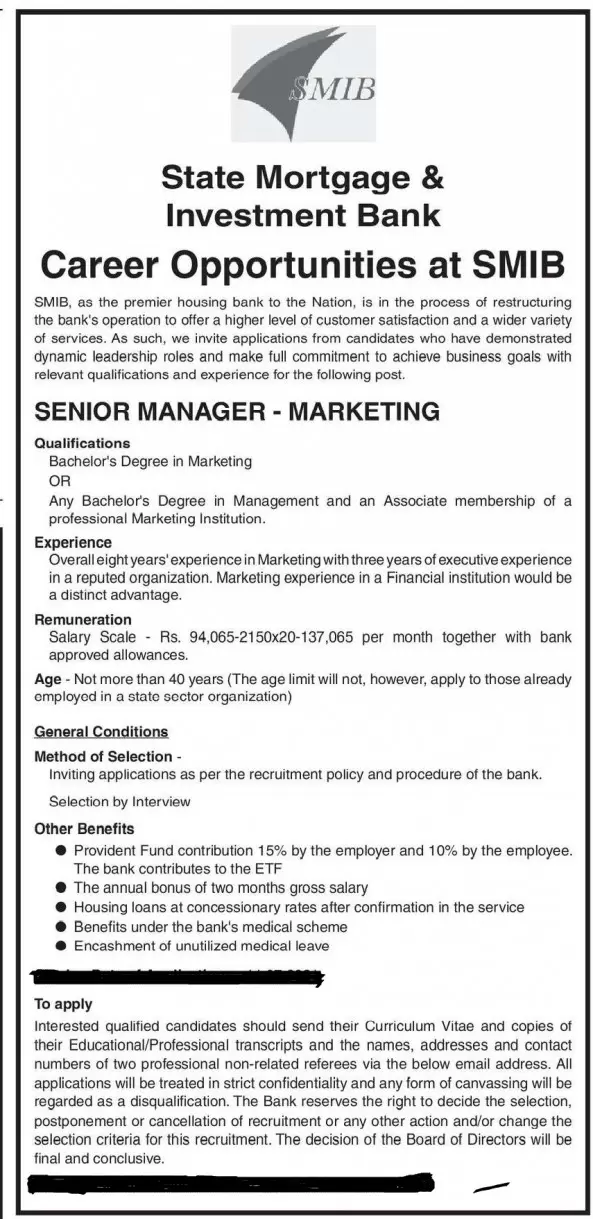 Senior Manager (Marketing) job from State Mortgage & Investment Bank in Colombo, Sri Lanka