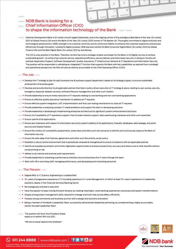 Vice President / CIO/ TLT / KMP job from National Development Bank PLC (NDB) in Nawam Mawatha, Sri Lanka